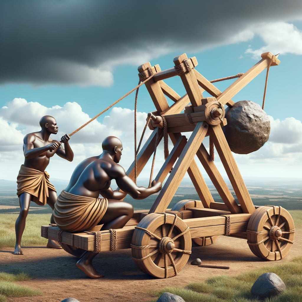 Bantu Operators Launching Rock with Classical Catapult