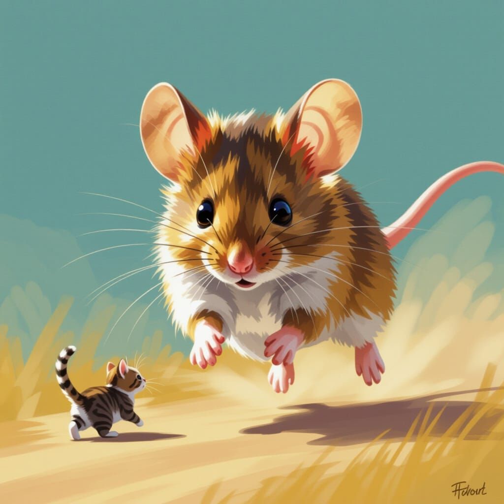 Giant Mouse Chasing Tiny Cat in Modern Art