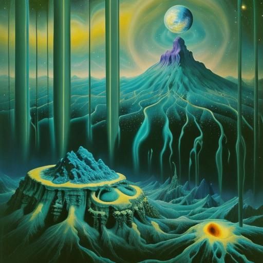 Cosmic Surrealism: Melting Mountains Under Starry Sky