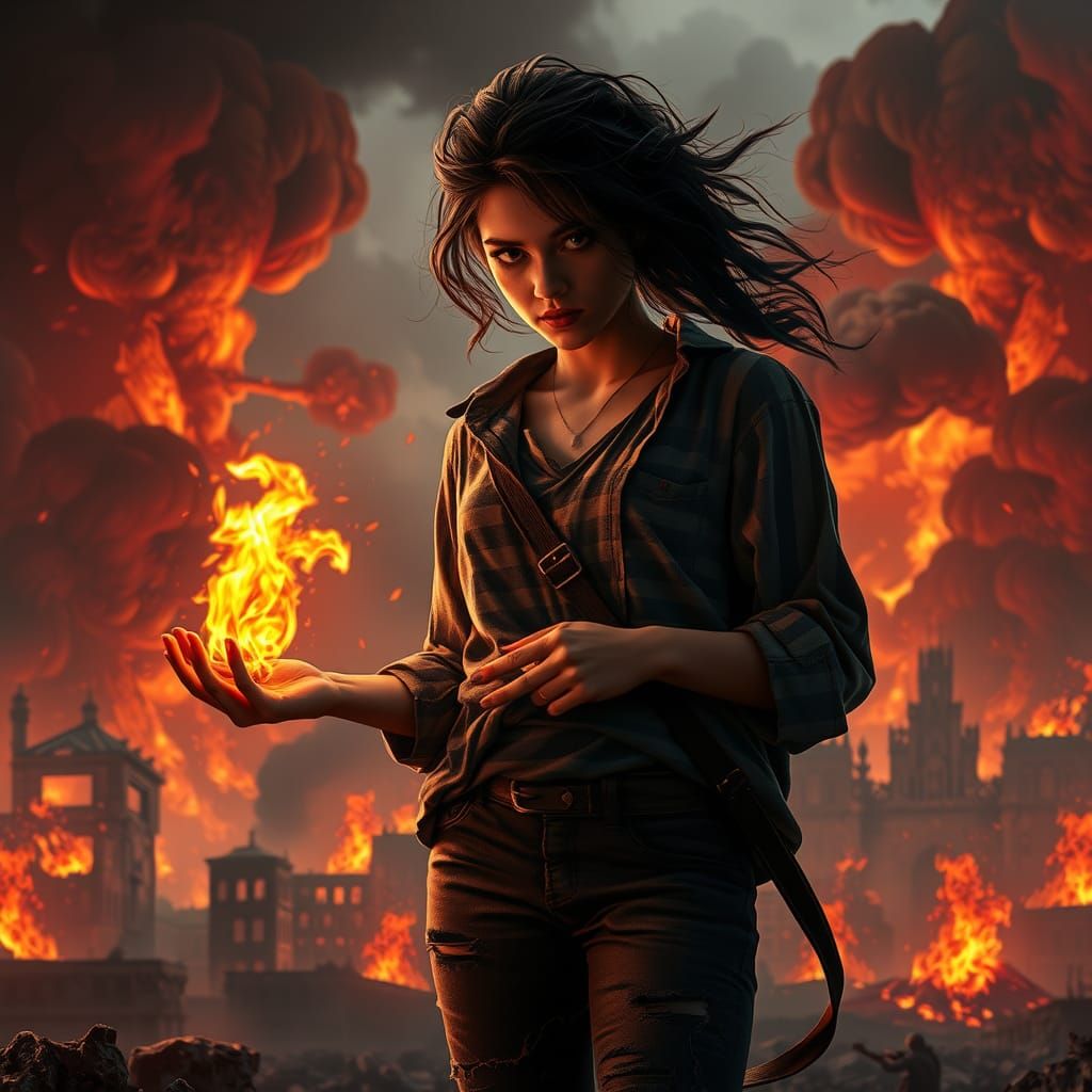 Fiery Woman with Flame in Apocalyptic Cityscape
