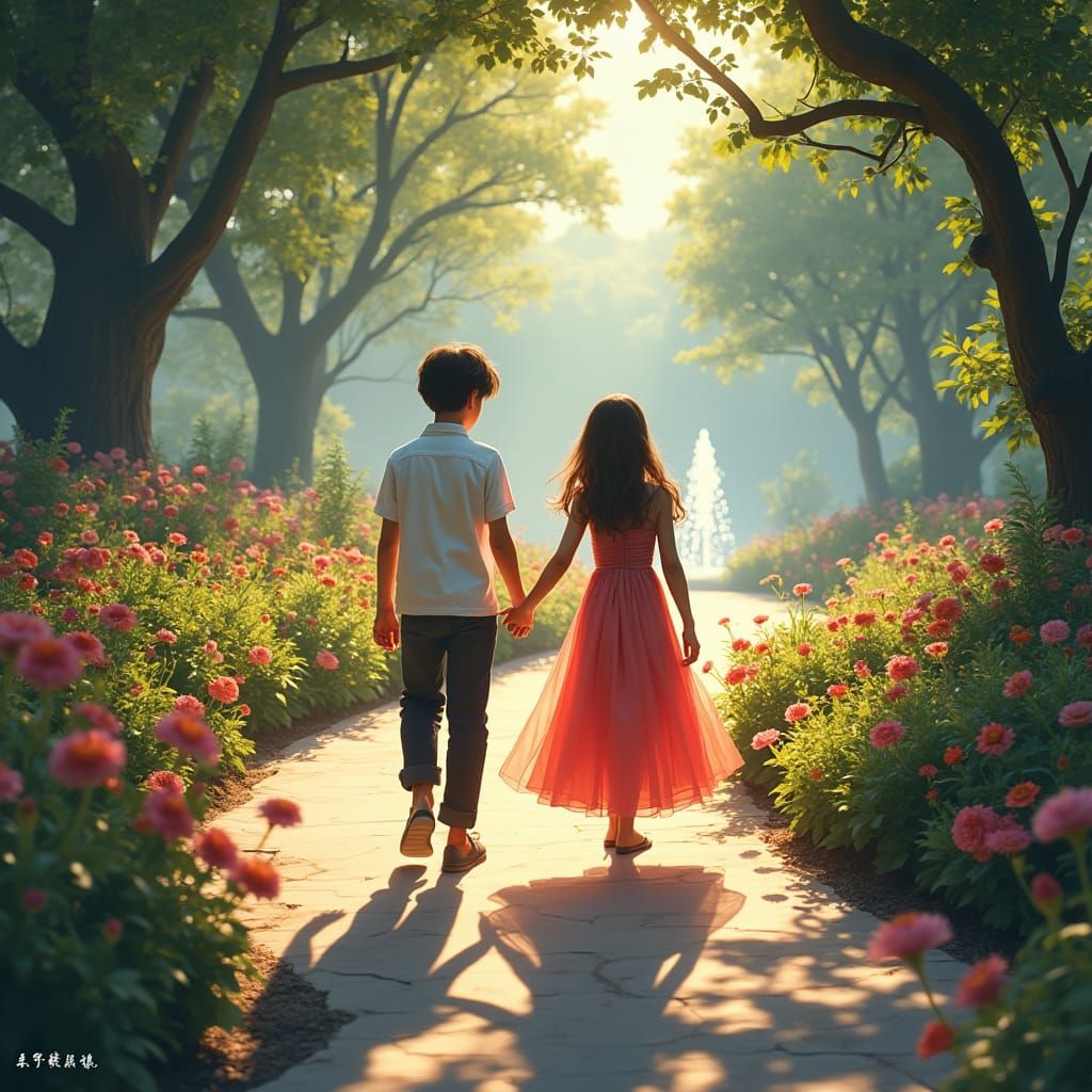 Children Walking in a Lush Fantasy Garden