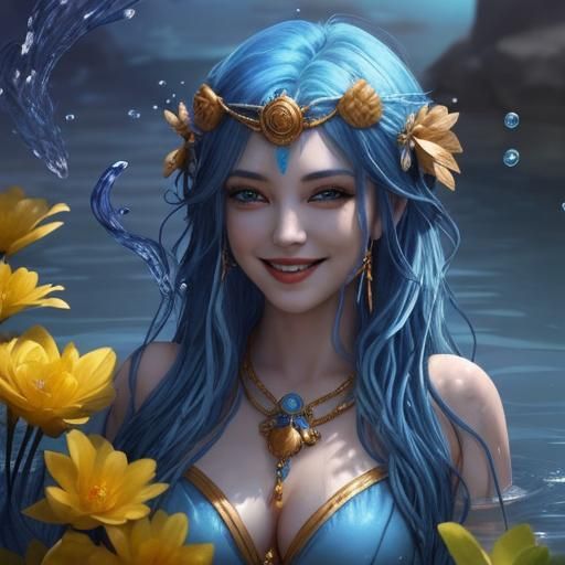 Seductive Water Goddess with Blue Hair