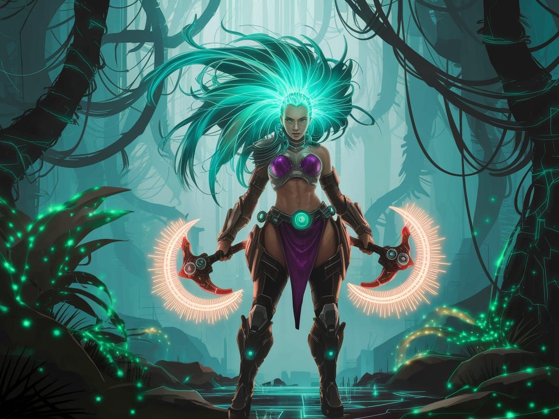 Fierce Female Warrior in Neon Jungle with Turquoise Hair and...