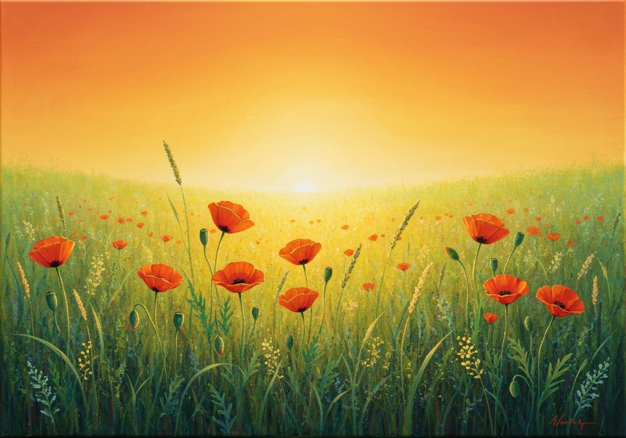 Vibrant Meadow Illustration with Orange Poppies