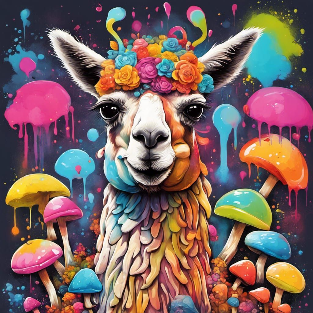 Psychedelic Mushroom Llama Graffiti Art