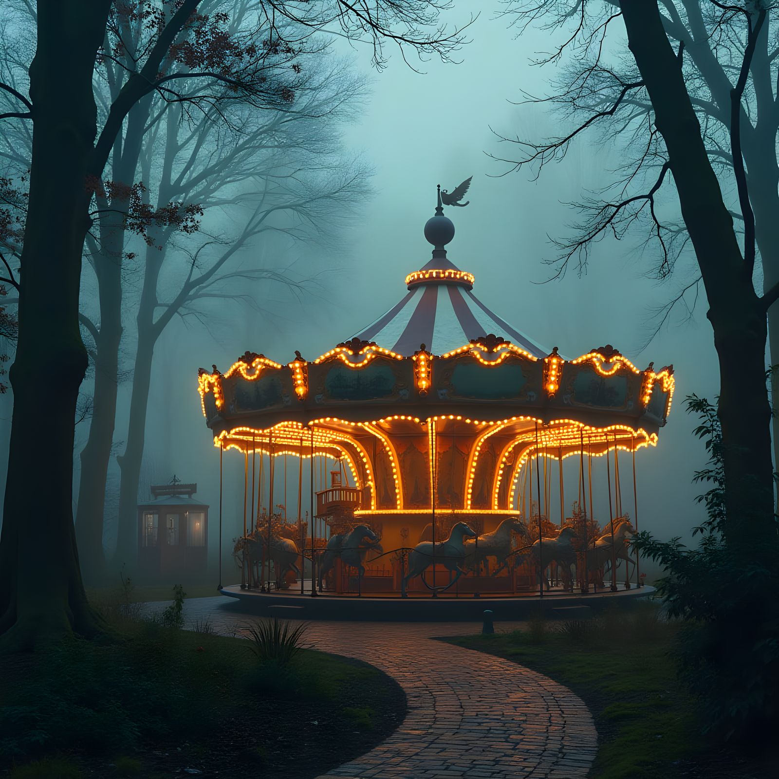 Spooky Abandoned Amusement Park with Wooden Roller Coaster