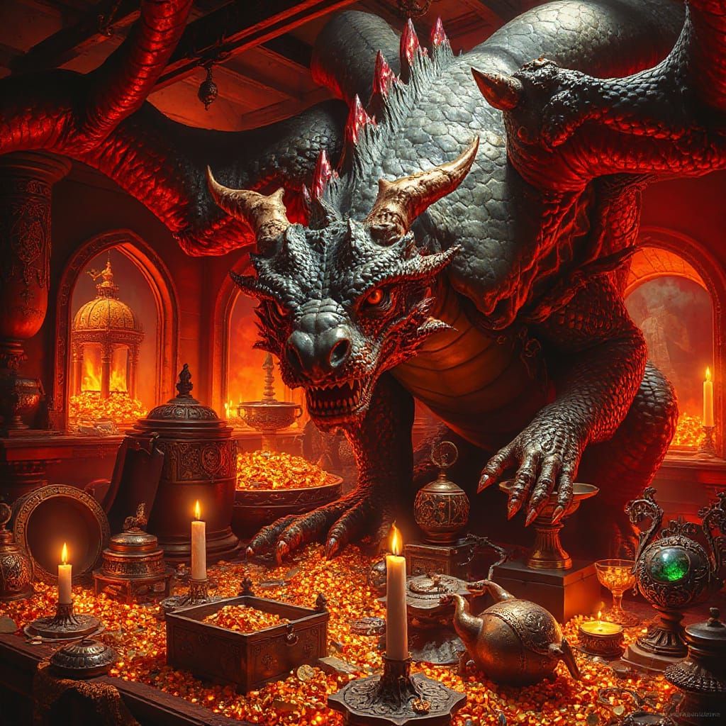 Dragon's Hoard Overflowing with Gold and Jewels