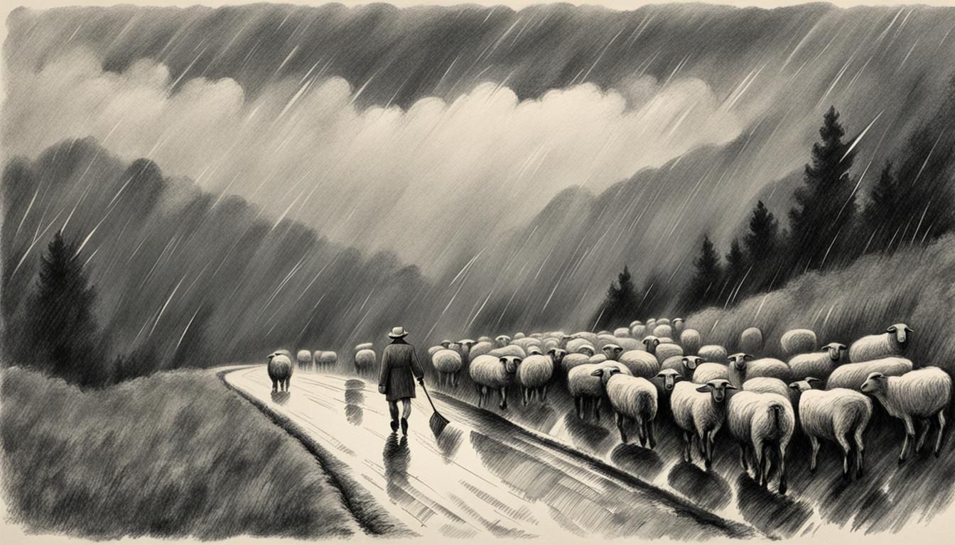 Shepherd Leads Flock in Rainy Mountain Landscape