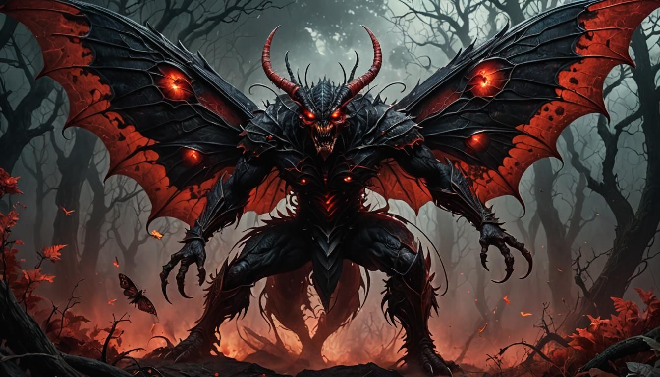 Menacing Demon Mothman Monster in Red Fog