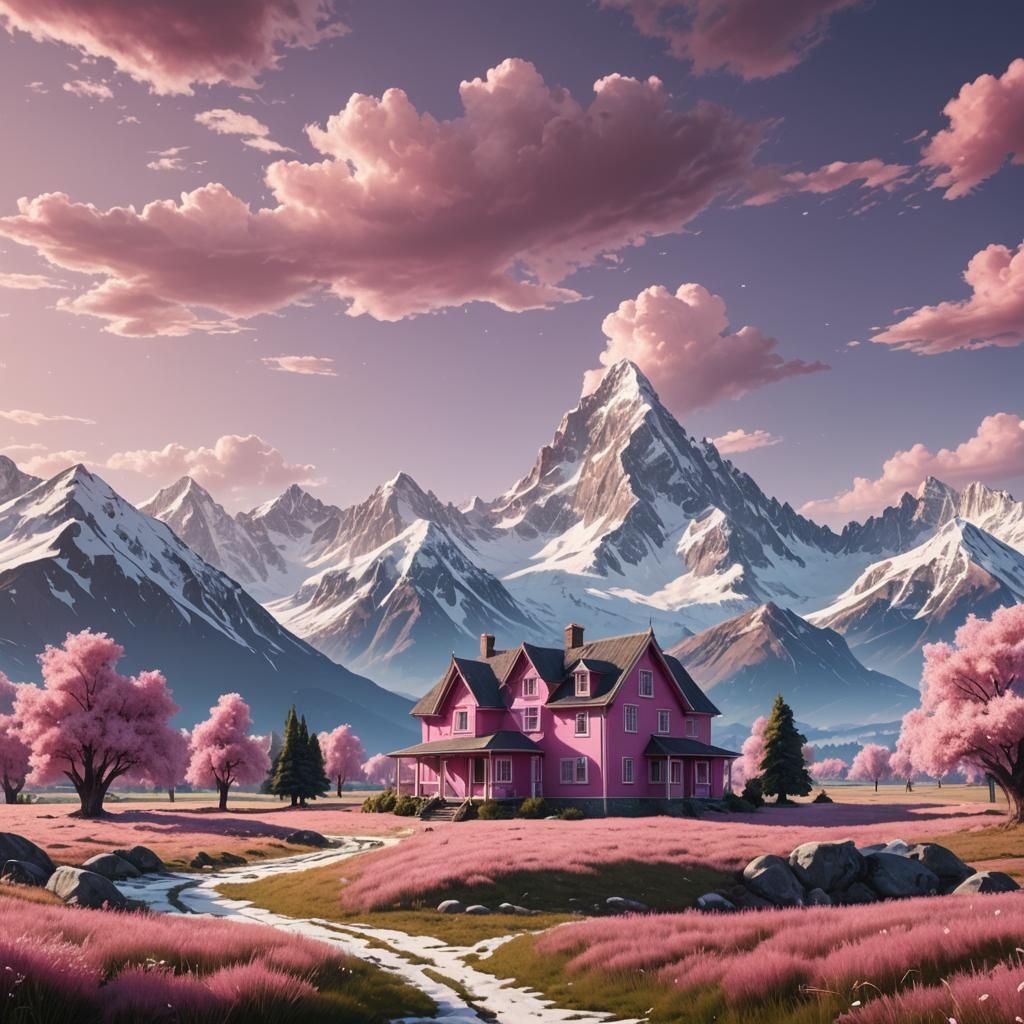 Pink House in Field: Detailed Matte Painting