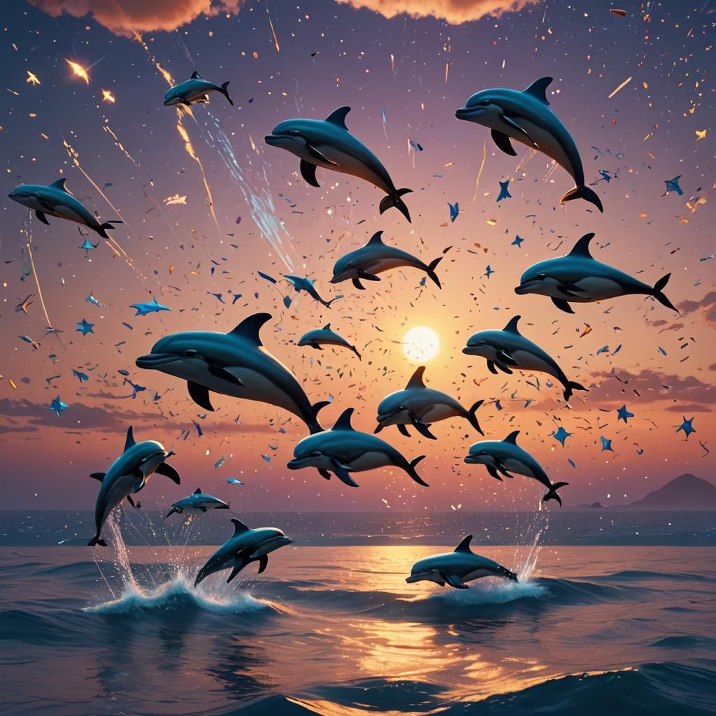 Ocean Sunset with Dolphins and Shooting Stars in 3D