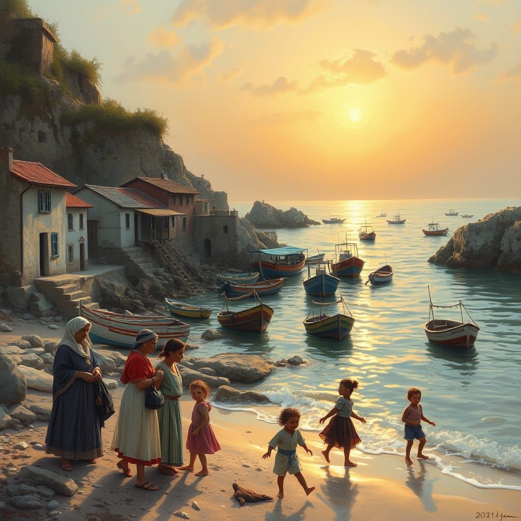 Coastal Fishing Village at Sunset in Realistic Style