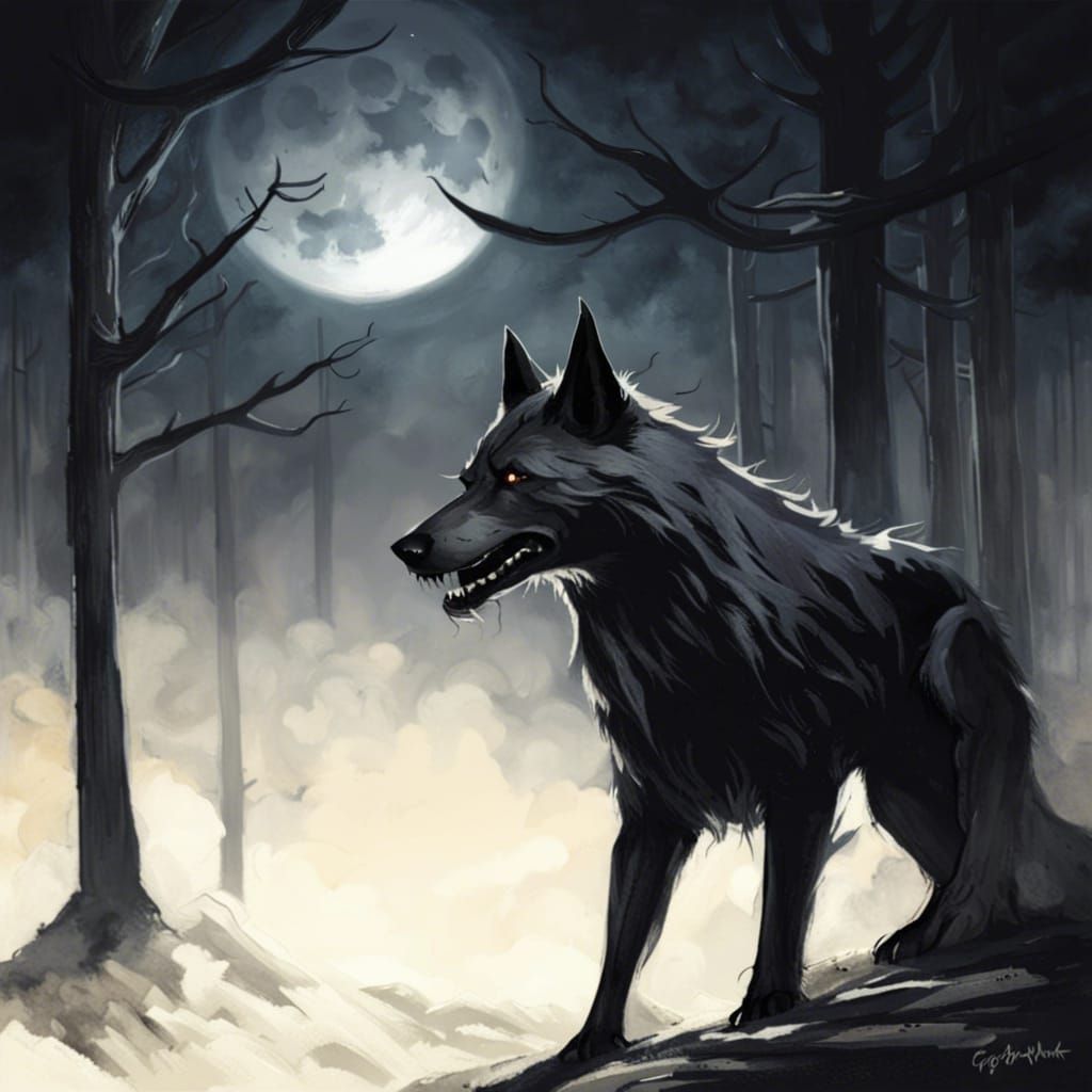 Sinister Barghest in Dark Forest Under Moonlight