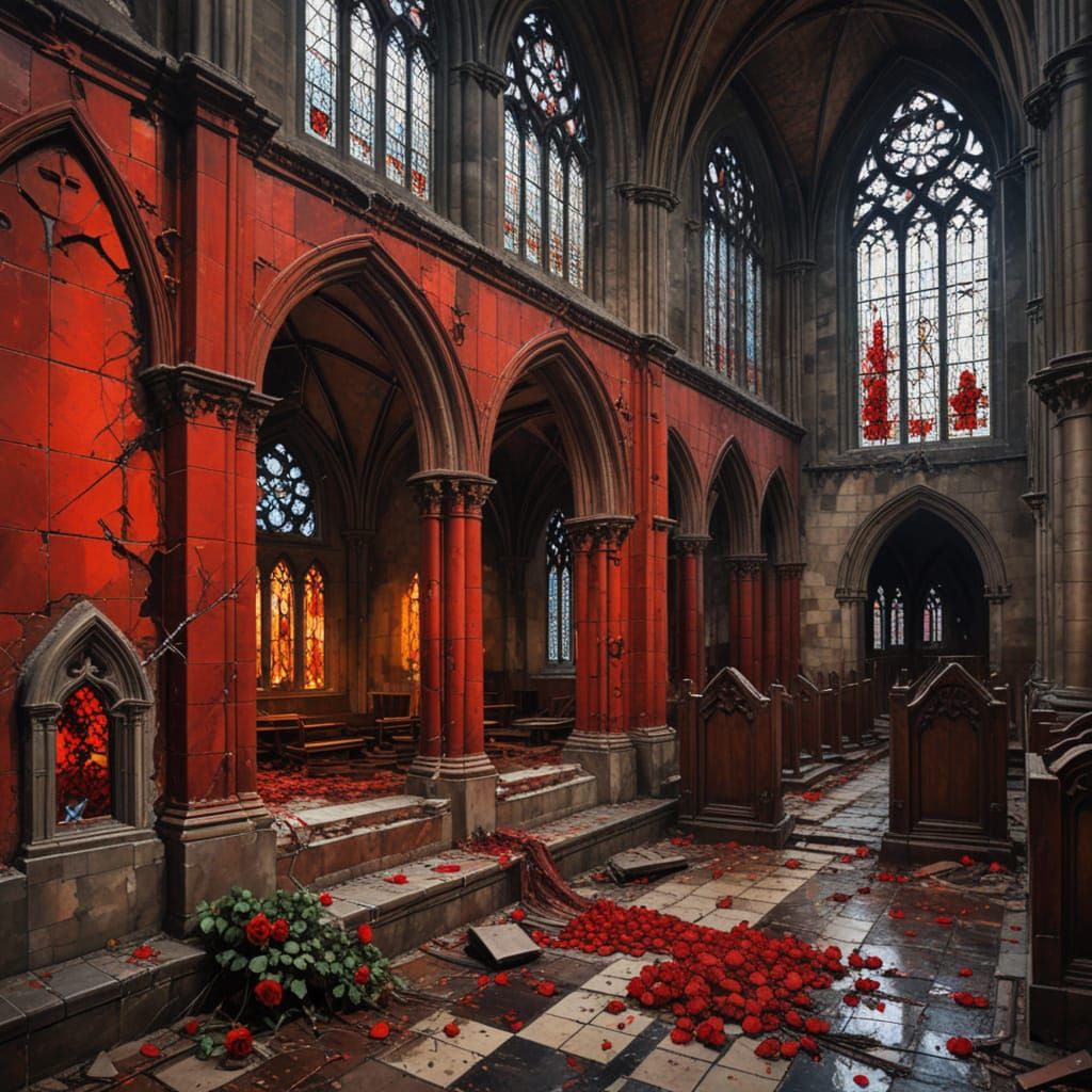 Gothic Cathedral in Ruin with Dark Red Roses