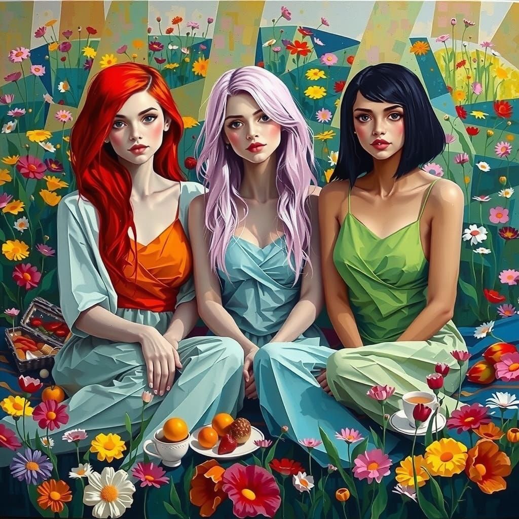 Akane, Peony and Moon picnic in the field of flowers