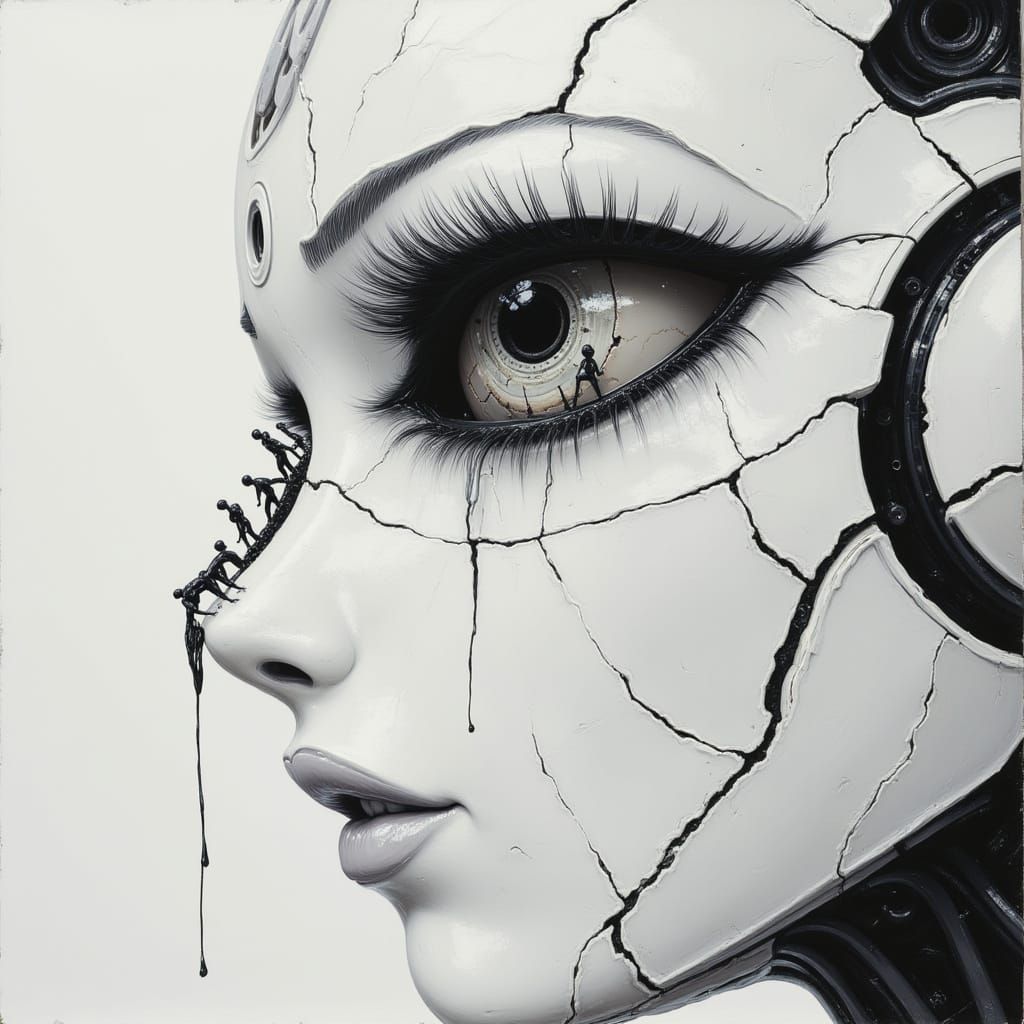 Anime-Style Robot with Tears and Tiny Humans