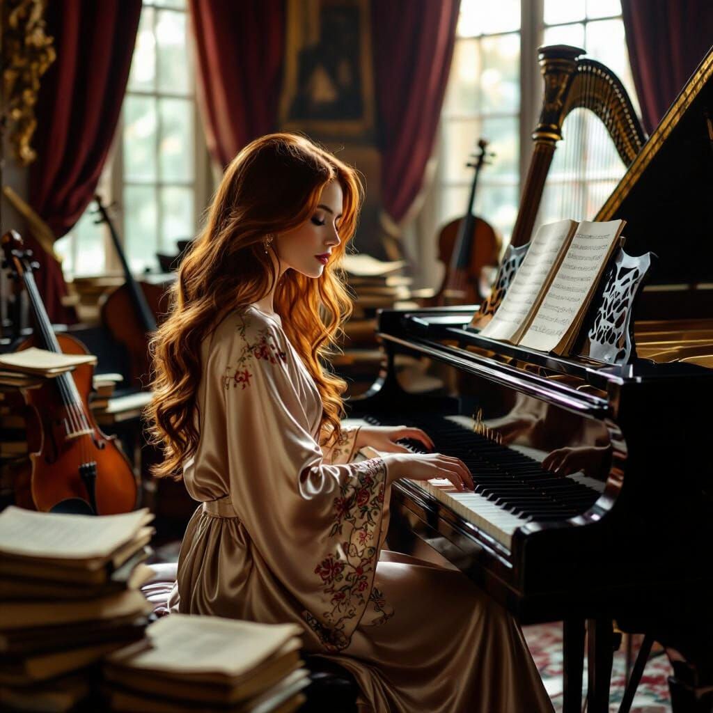 Woman at Piano in Opulent Music Room, Soft Focus Style