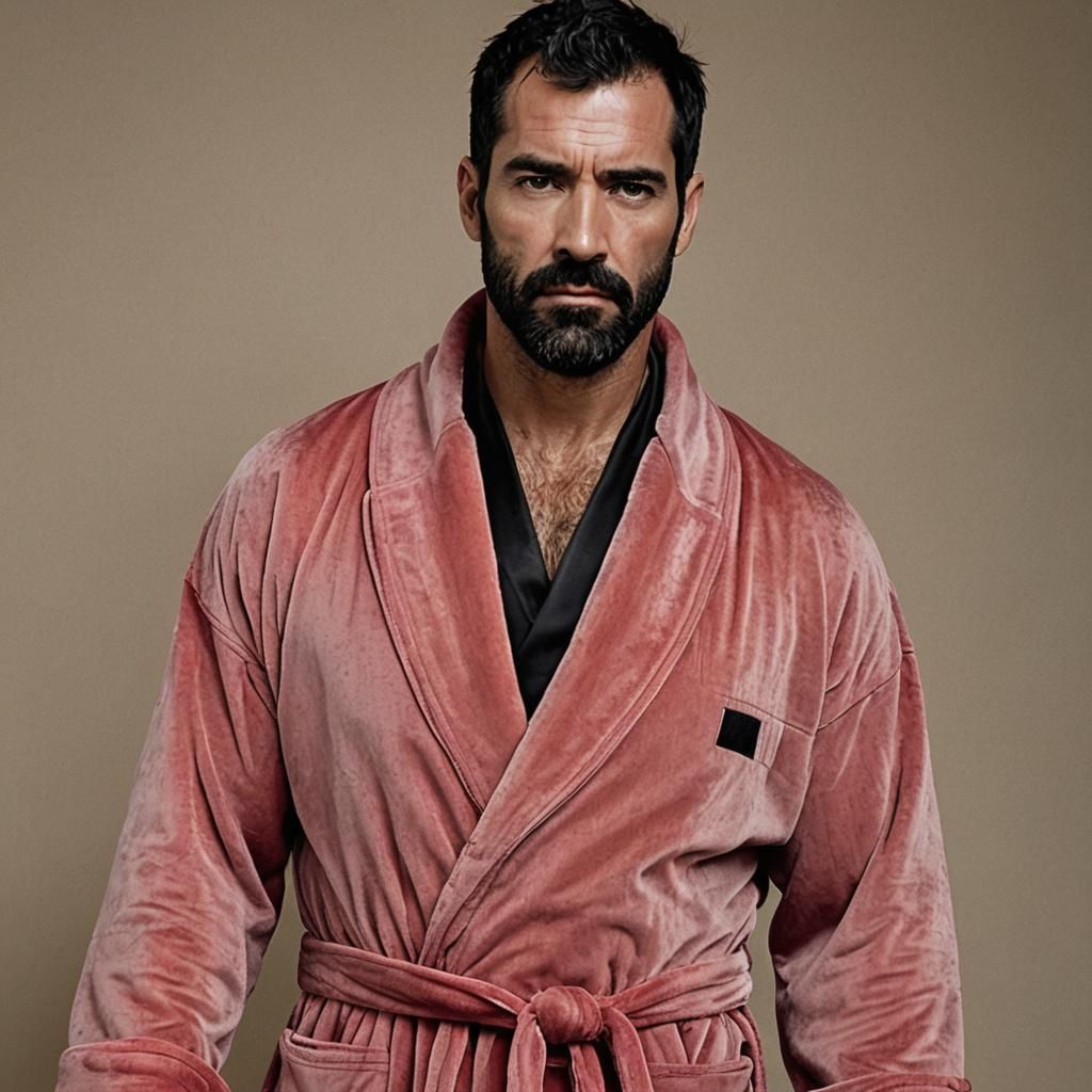 Masculine Spanish Man in Carmine Red Velvet Robe