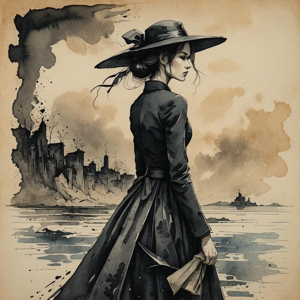 Elegant Model in Ink Illustration on Parchment