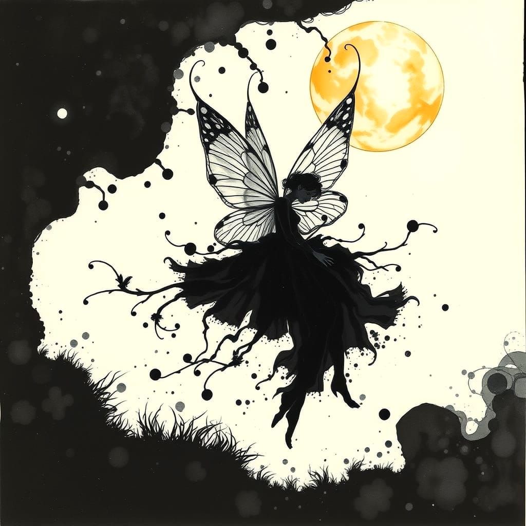 Whispers of the Black Fairy in Dreamlike Watercolor