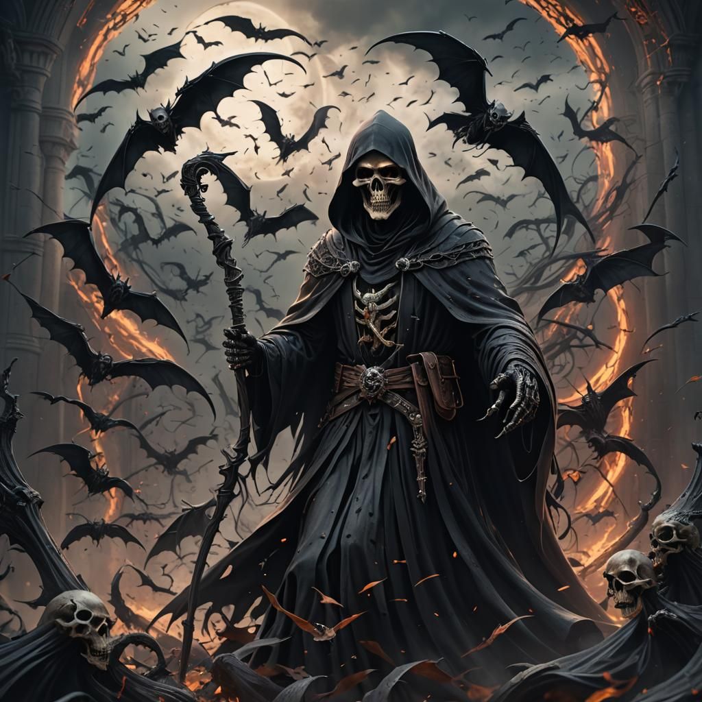 Grim Reaper with Bats in Dark Art Style