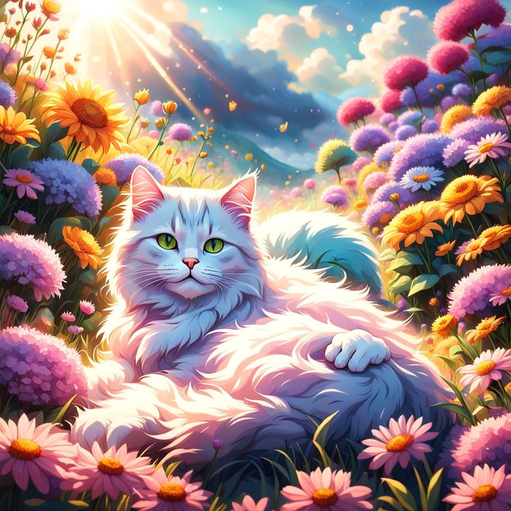 A cute fluffy cat laying in the flower field, sun is playing...