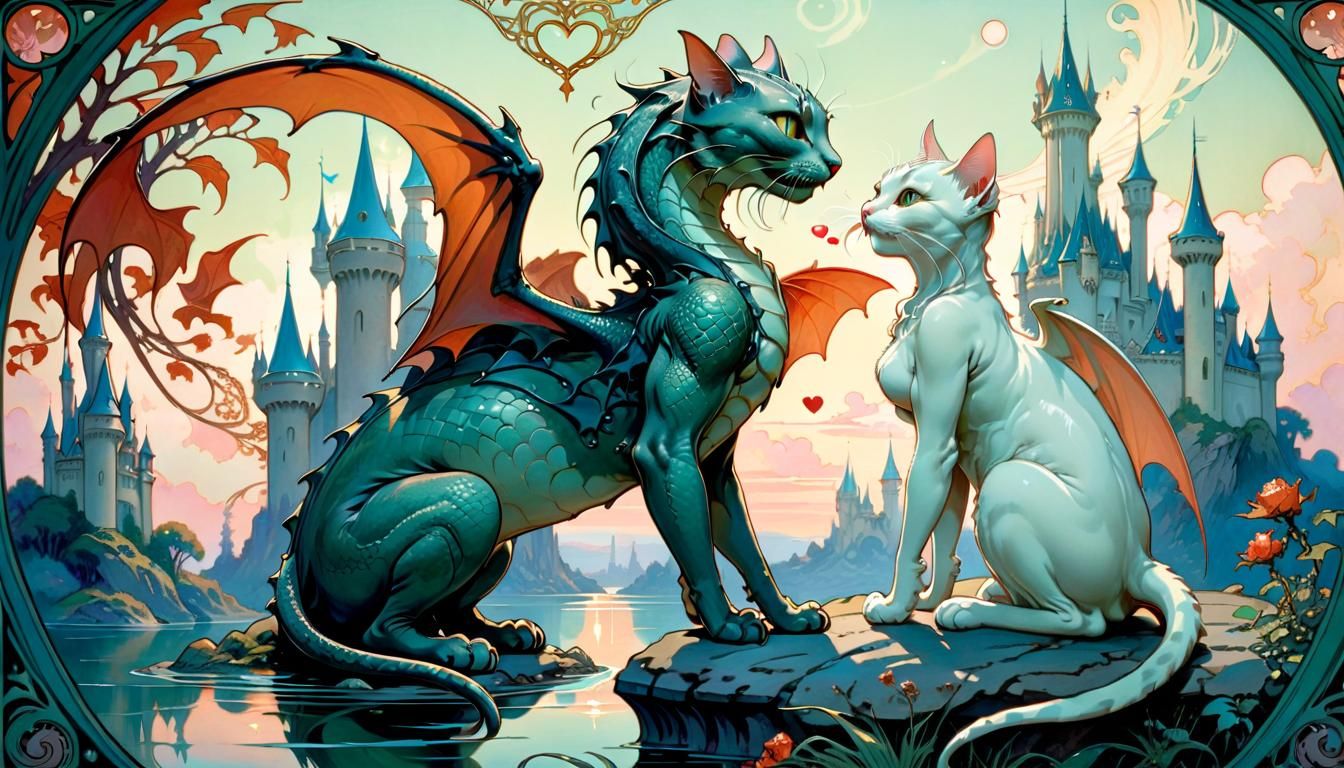 Cat Dragon Love in Art Nouveau Landscape