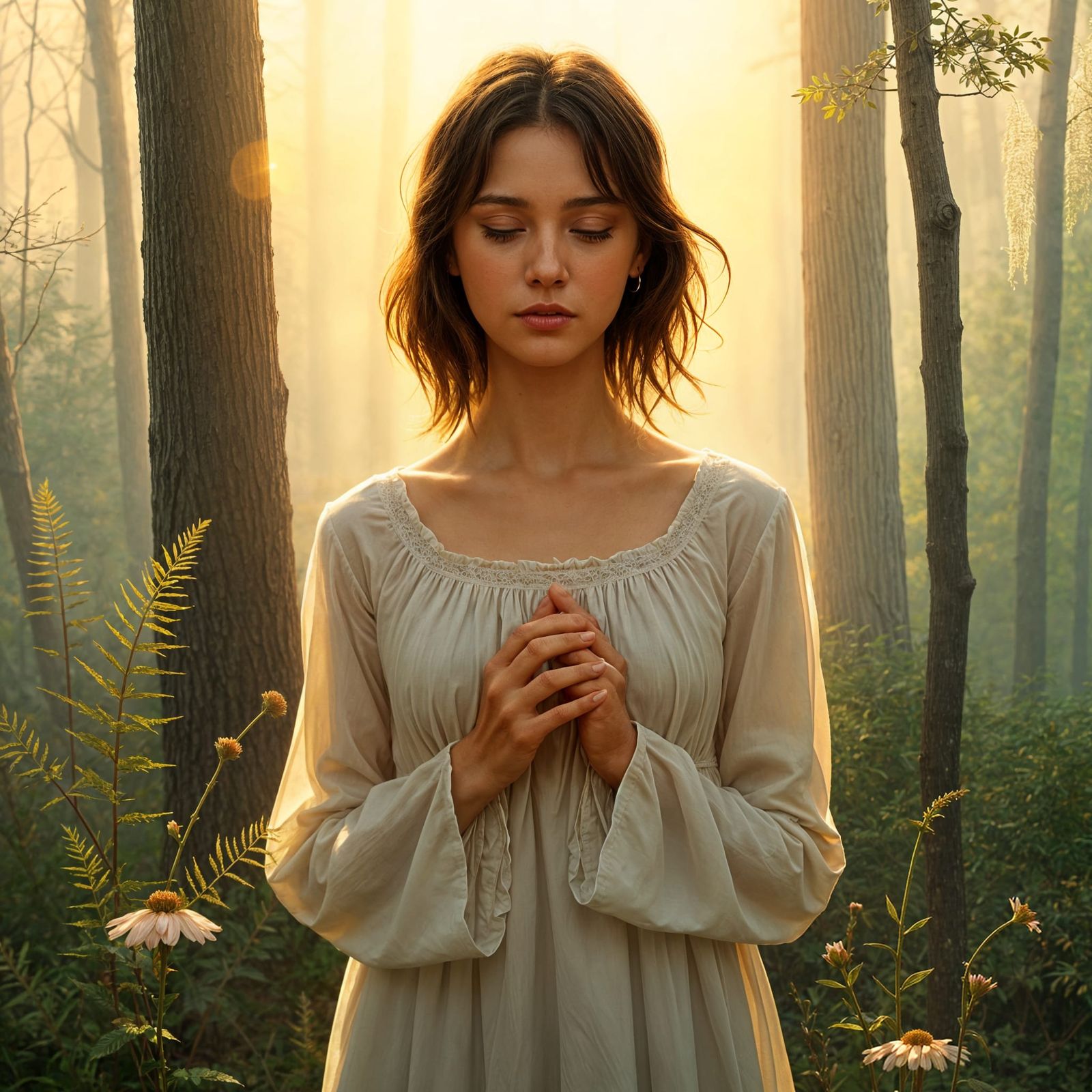 Surreal Woman Embracing a Gentle Sunrise in a State of Inner...