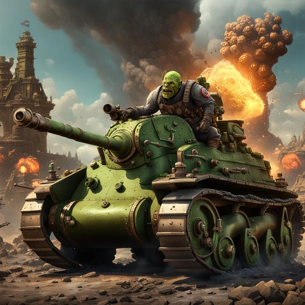Orc Gunner in Steampunk Tank Battle Scene
