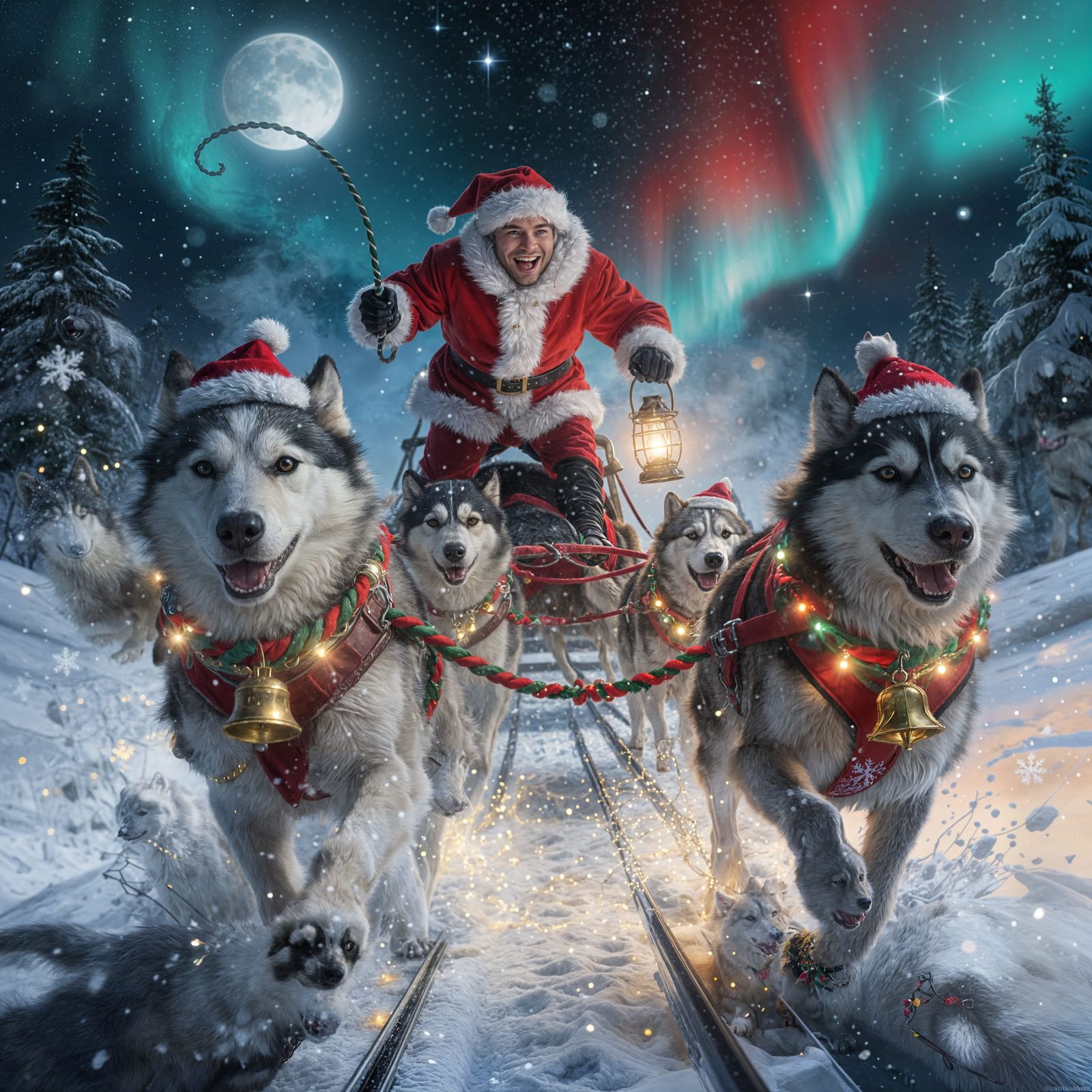 Festive Sled Dogs Charge Through Snowy Night Landscape
