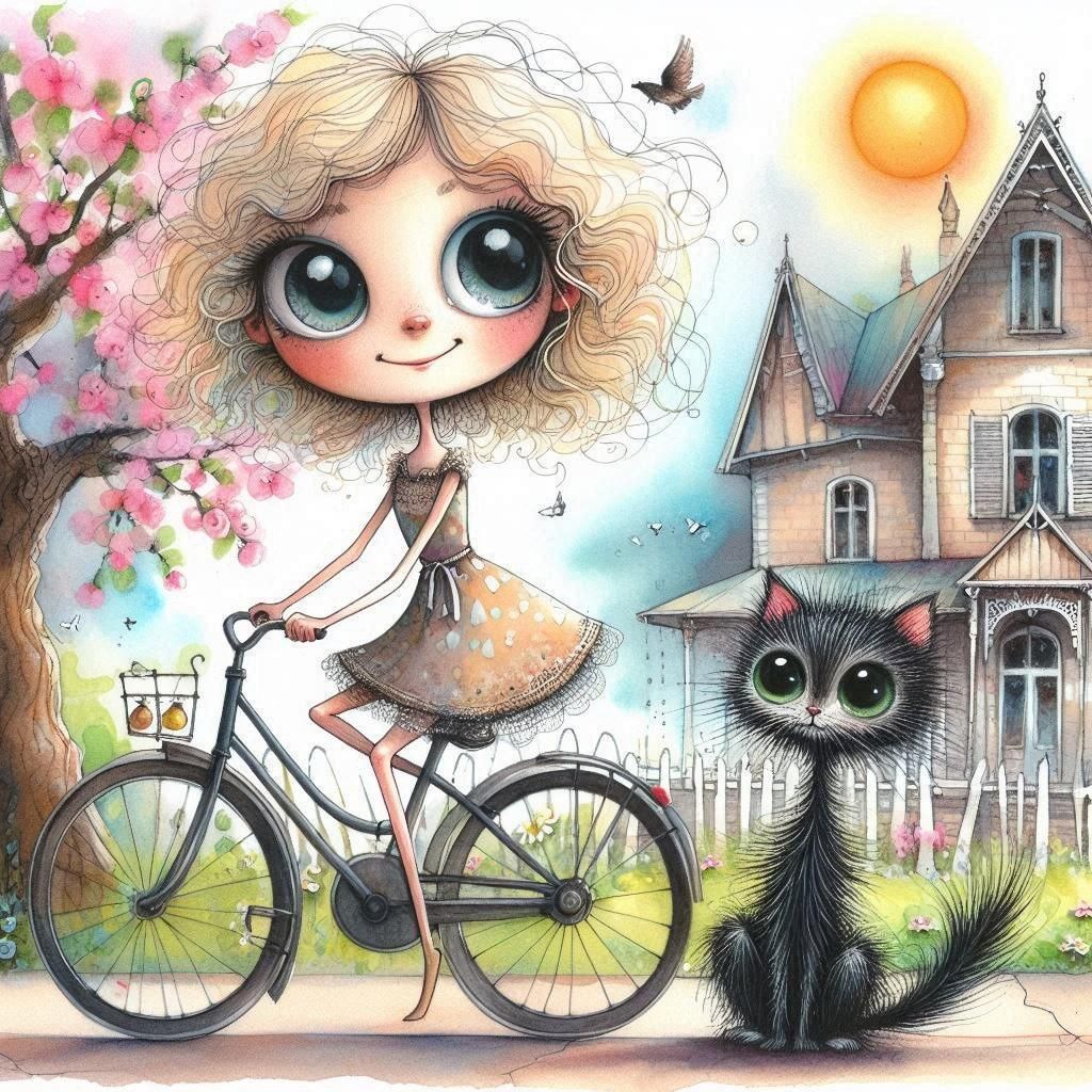 Whimsical Watercolor Girl on Bicycle with Kitten