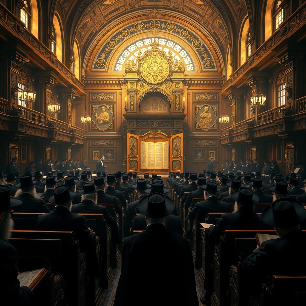 Venerable Chasidic Synagogue in Reverent Study