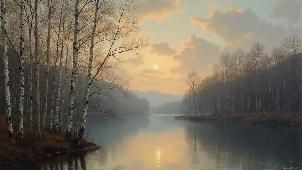 Birch Forest by Lake at Dusk: 19th Century Painting