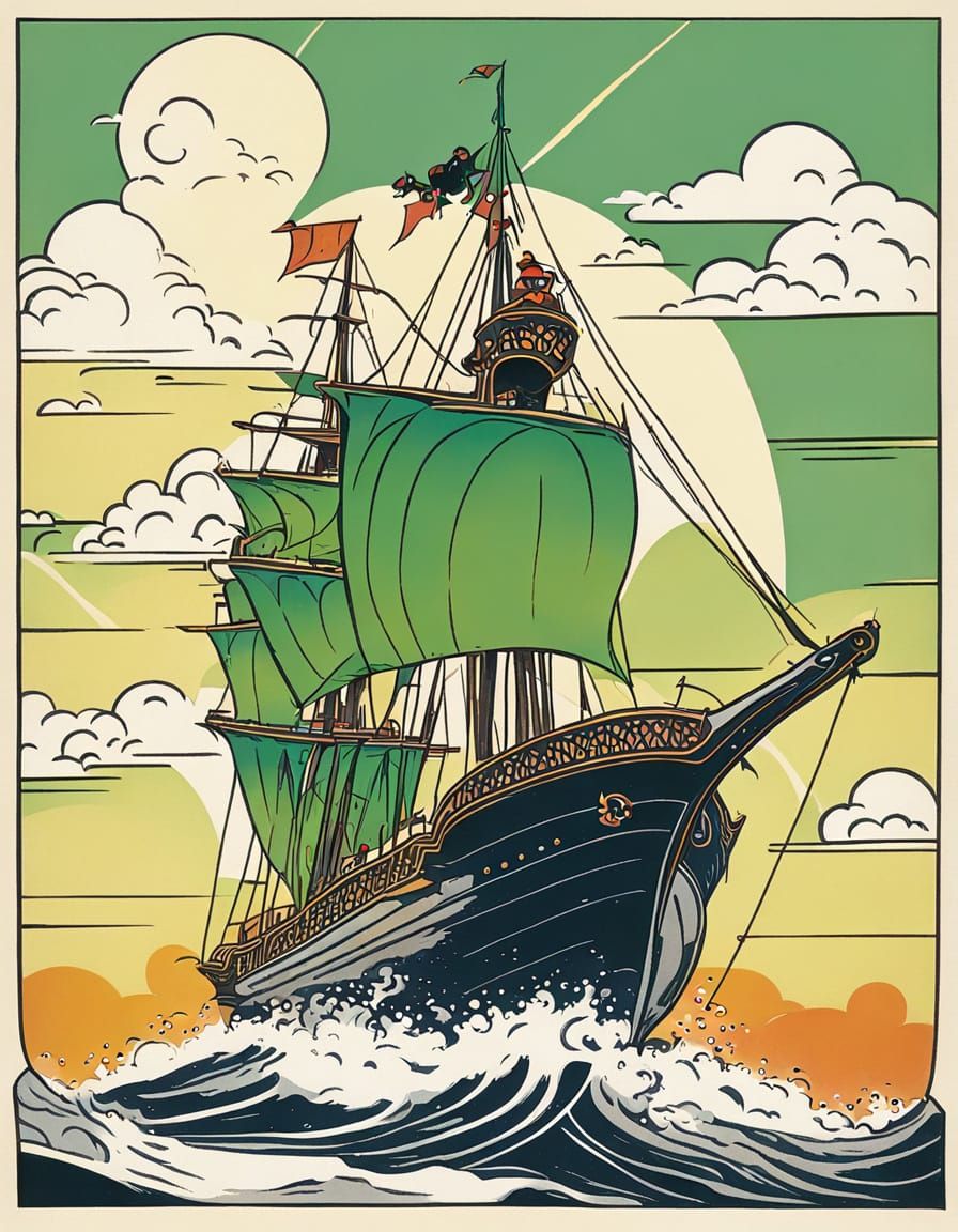 Vintage-Style Dragon Ship Sails Towards the Viewer
