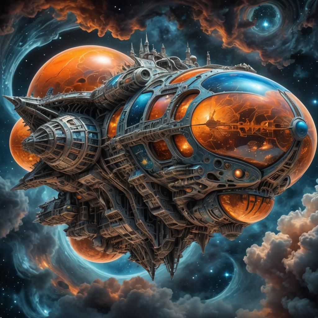 Surrealistic Escher and Gaudi inspired spaceship