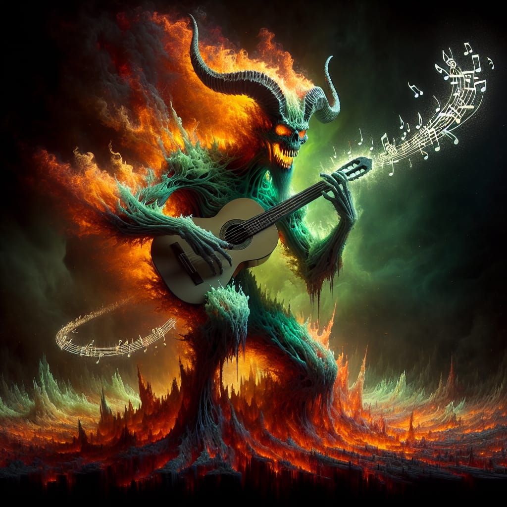 Demonic Creature Plays Guitar Amidst Fiery Chaos