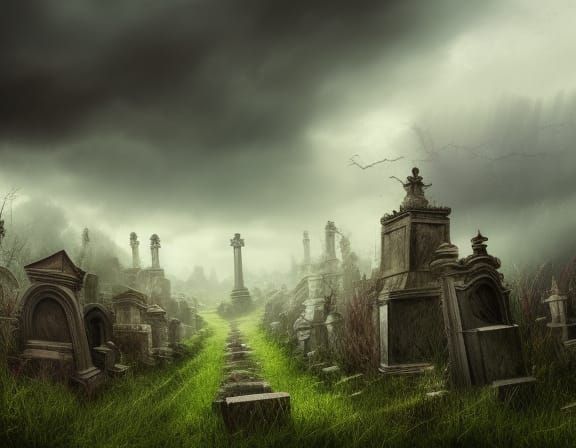 Stormy Hillside Graveyard in Detailed Matte Painting