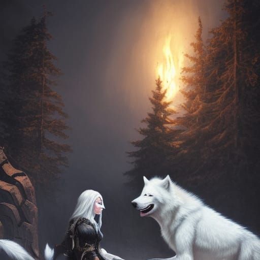 Barbarian Woman with White Wolf in Dark Fantasy Style