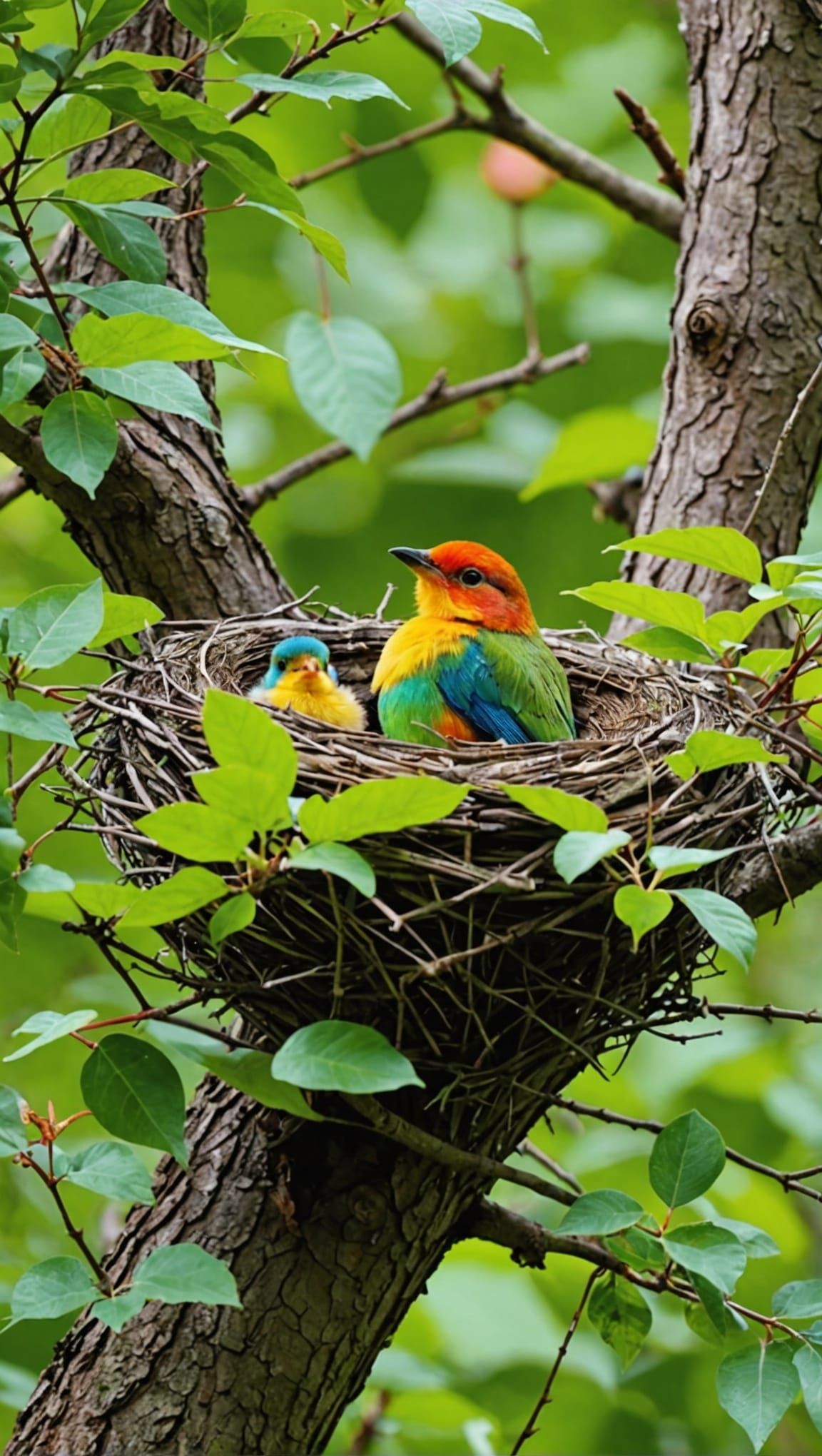 Colorful Bird Protecting Chick in Forest Nest