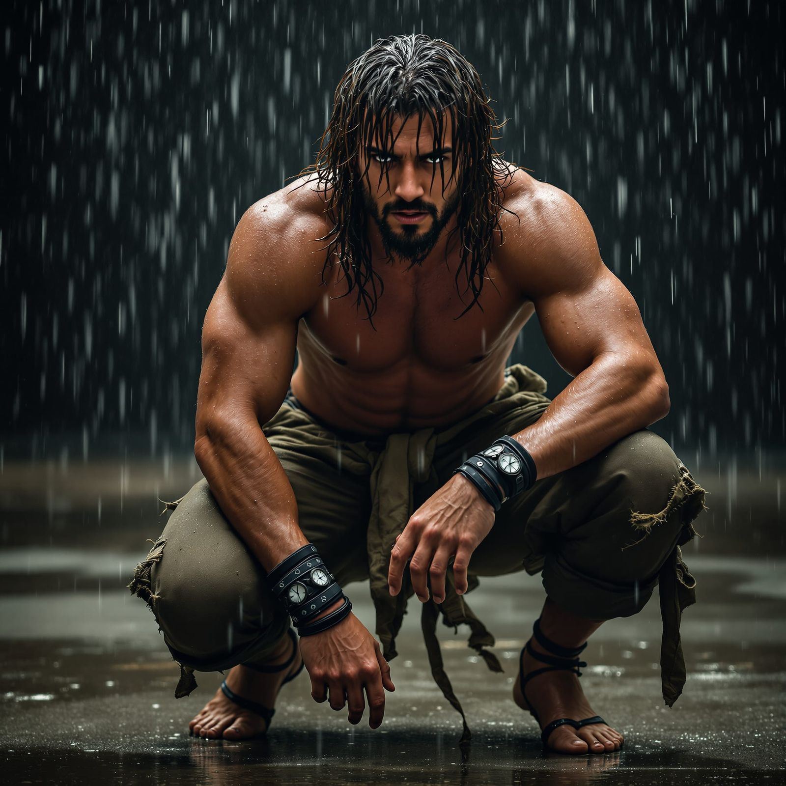 Man Crouching in Heavy Rain with Long Wet Hair
