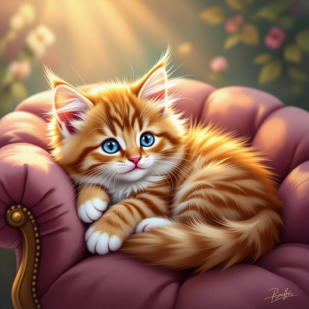Fluffy Ginger Kitten on Velvet Cushion, Digital Art