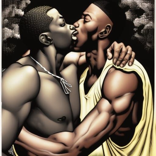 Black Men Kissing in Comic Book Art Style