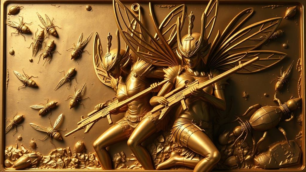 Golden Relief Sculpture: Futuristic Warriors vs. Giant Insec...