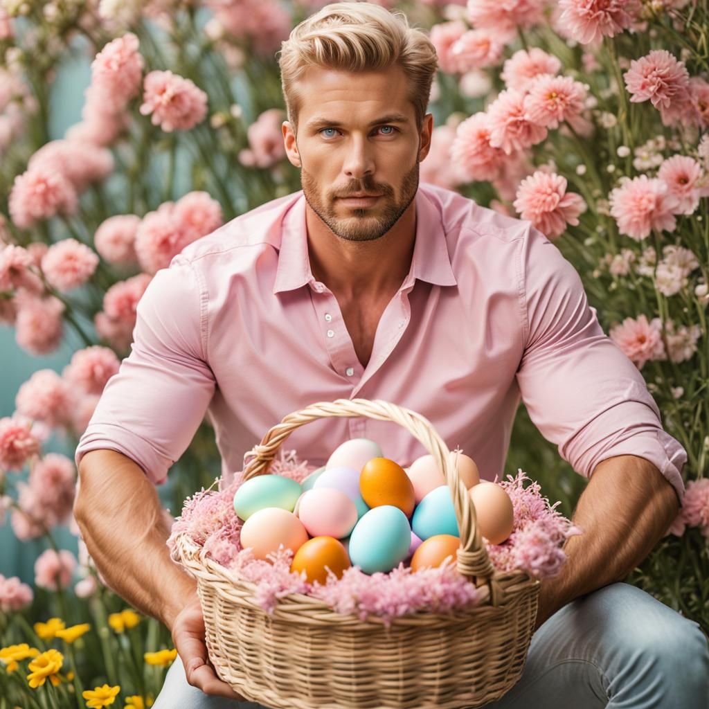 Handsome Man with Easter Basket in Pastel Garden