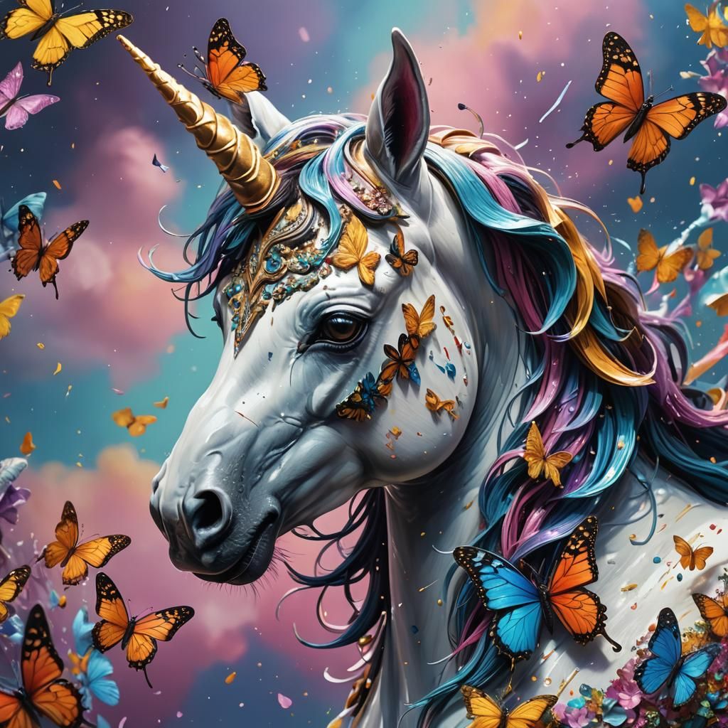 Hyperrealistic Butterfly Unicorn in Splash Art Style