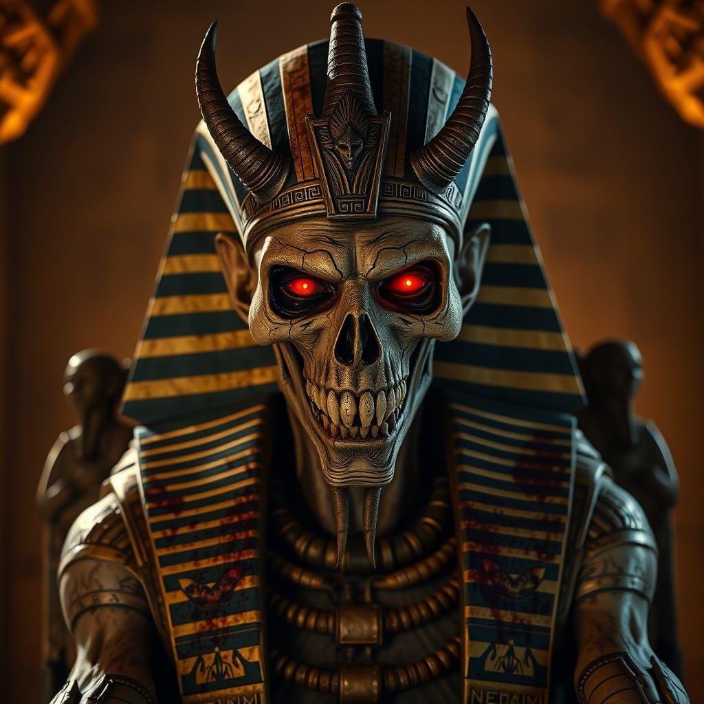Undead Pharaoh Nyarlathotep in a Dimly Lit Tomb