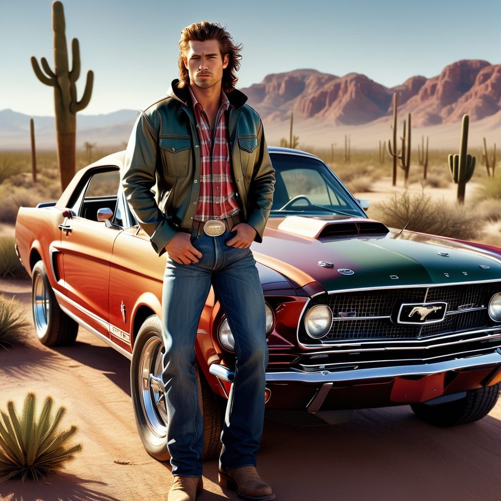 Handsome Young Man Leans Against Classic Red Mustang in Dese...
