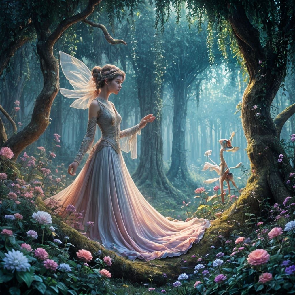 Whimsical Forest Glade in Pre-Raphaelite Style