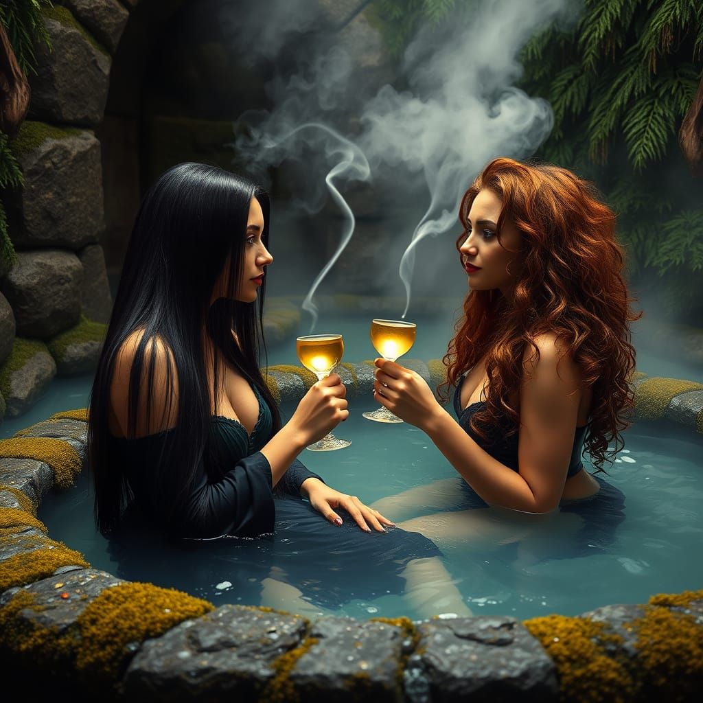 Medieval Women in Enchanted Thermal Bath, Steeped in Mystica...