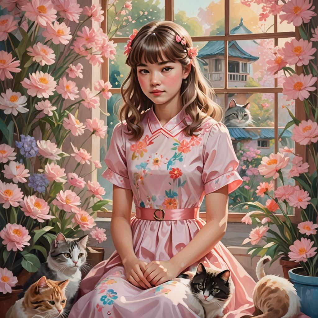Girl Surrounded by Cats in Vibrant Oil Painting